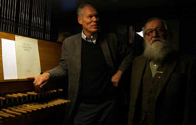 Auke de Boer and Joseph J. Visser in the Carillon playing chamber of the bell tower in Kaunas