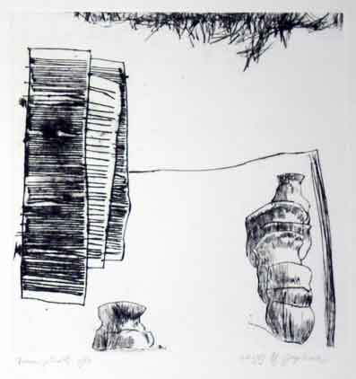Dry point of backyard in Florence, made by Joseph J. Visser